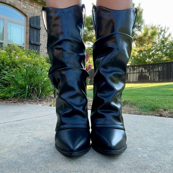 New Black Pointed Toe Fold-Over Cowboy Cowgirl Western Boots Mid Calf Block Heel - Picture 1 of 4